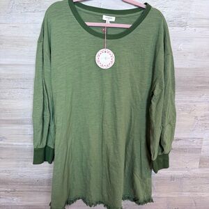 Umgee Olive Green Fringe Hem Long Sleeve Tunic Top - Size M